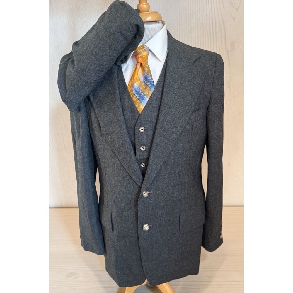 Vintage Stanley Blacker 3 Piece Mens Gray Suit 42L Pants 36 x 33 Vest USA Union